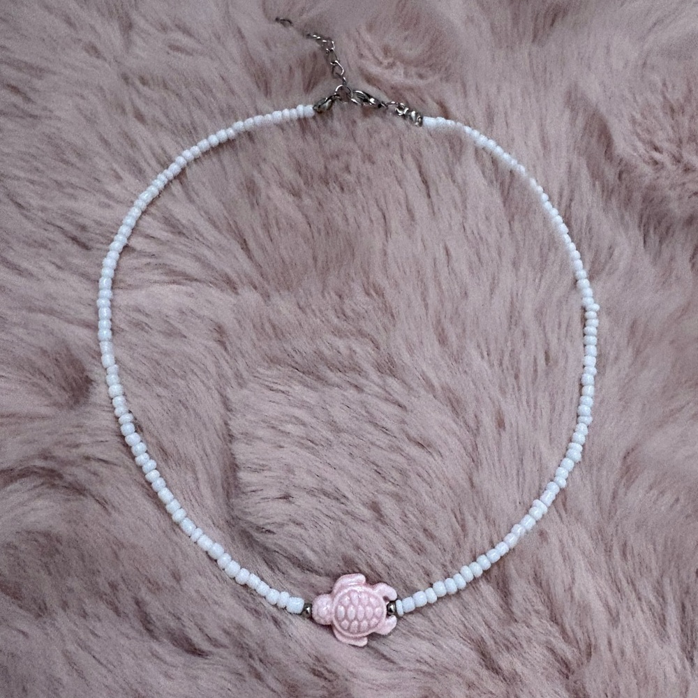 White and Pink Beaded Turtle Necklace